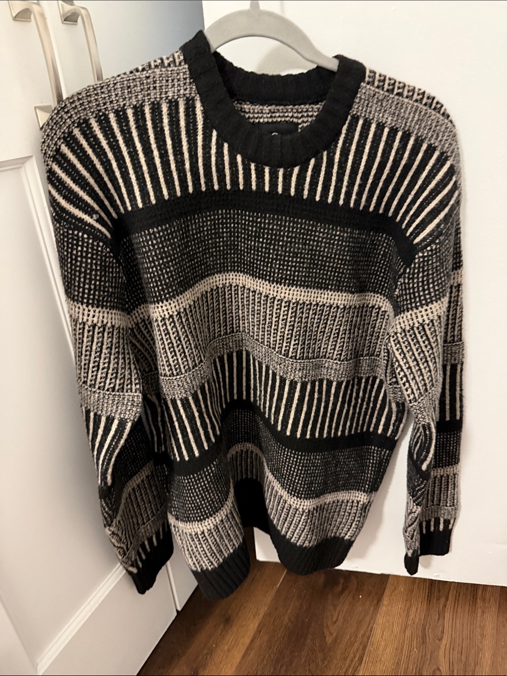 Hollister Black and Cream Striped Crewneck Sweater